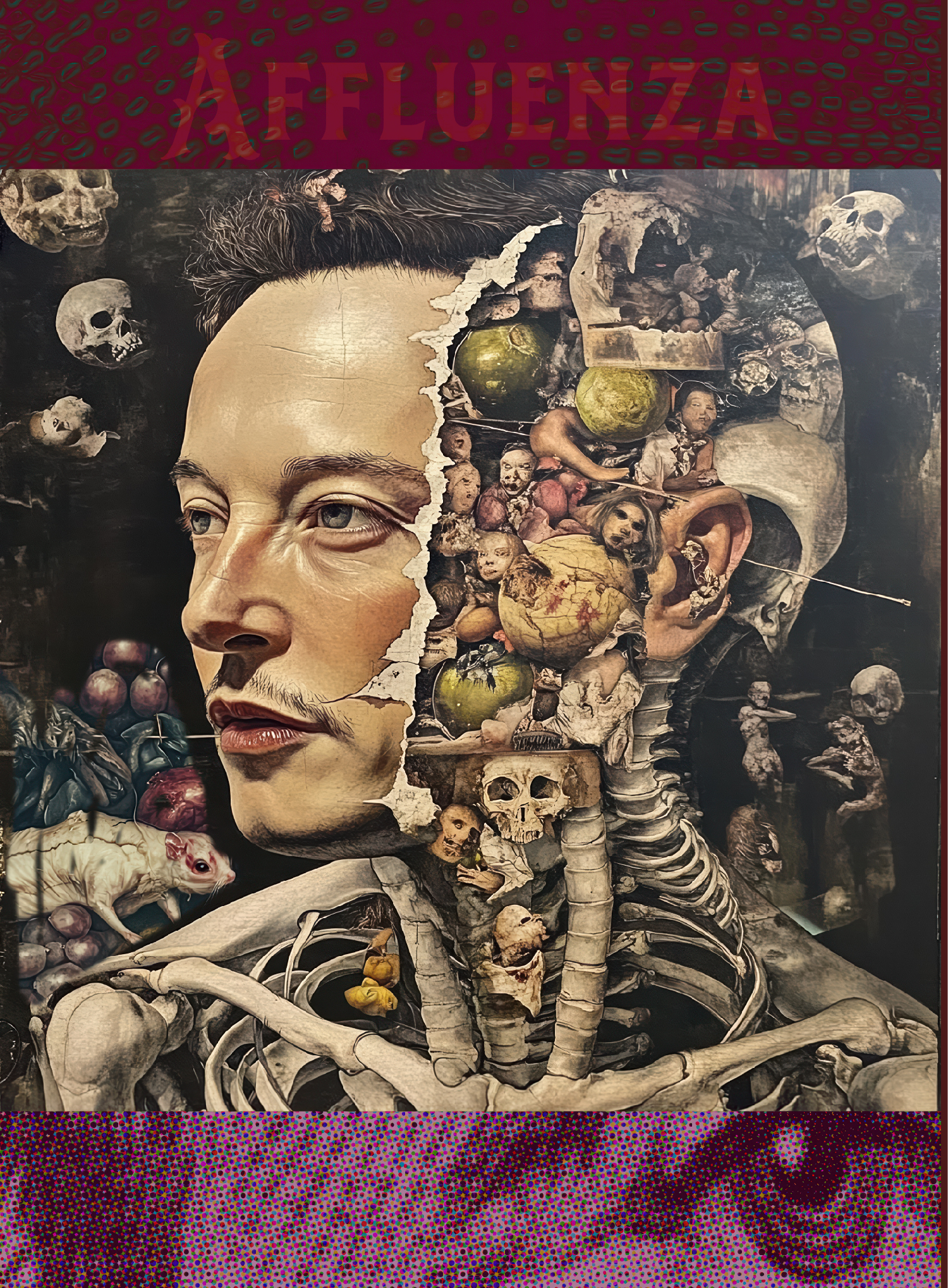 Affluenza: collage of a man's face with other people, globes, and skeleton parts underneath, text "Affluenza" in top bar