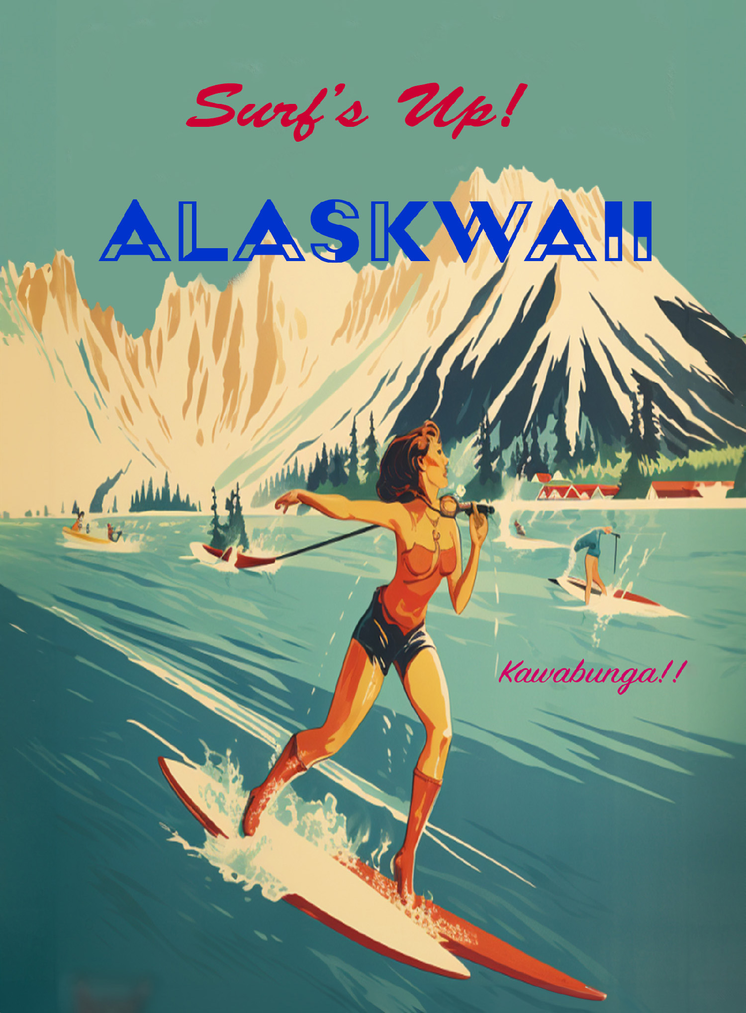 Bayer-style travel poster with woman surfing in knee high boots with text "Surf's Up! Alaskwaii Kawabunga!!