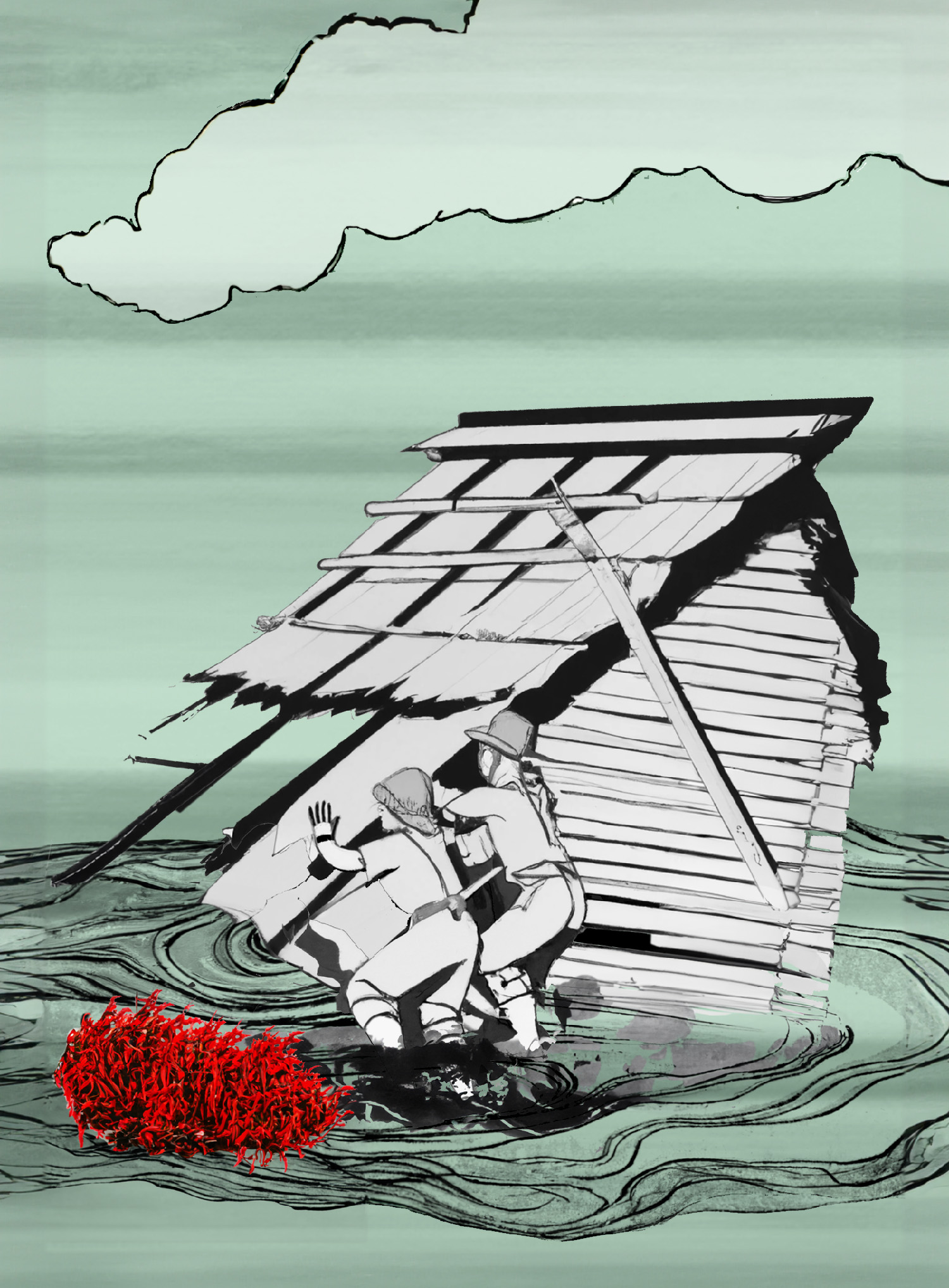 Cartoon illustration of two people building a raft in swirling water with red debris at their feet