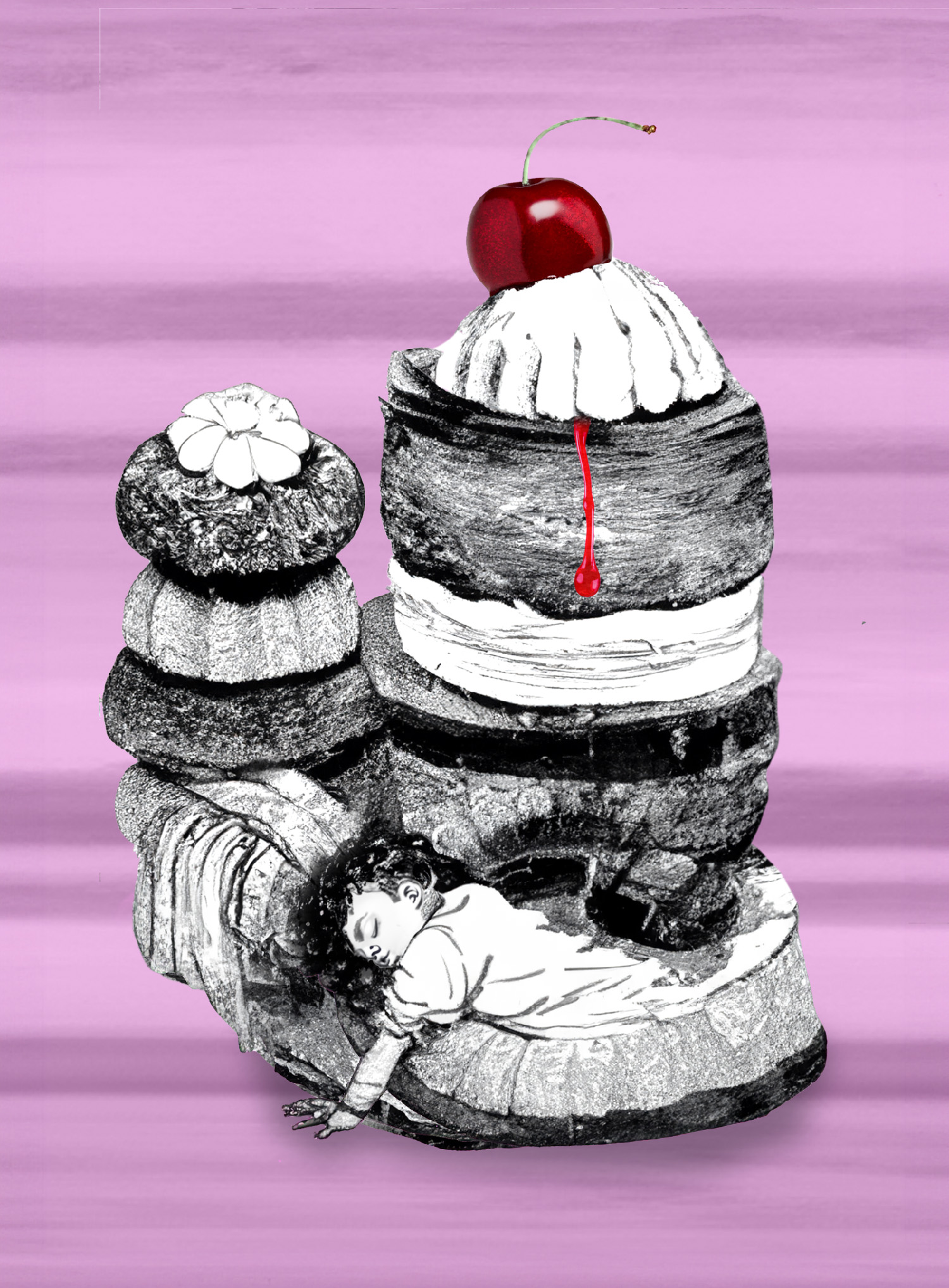 Cakes: composite drawing, mostly black and white, of a napping child and elaborate dessert with a red cherry on top