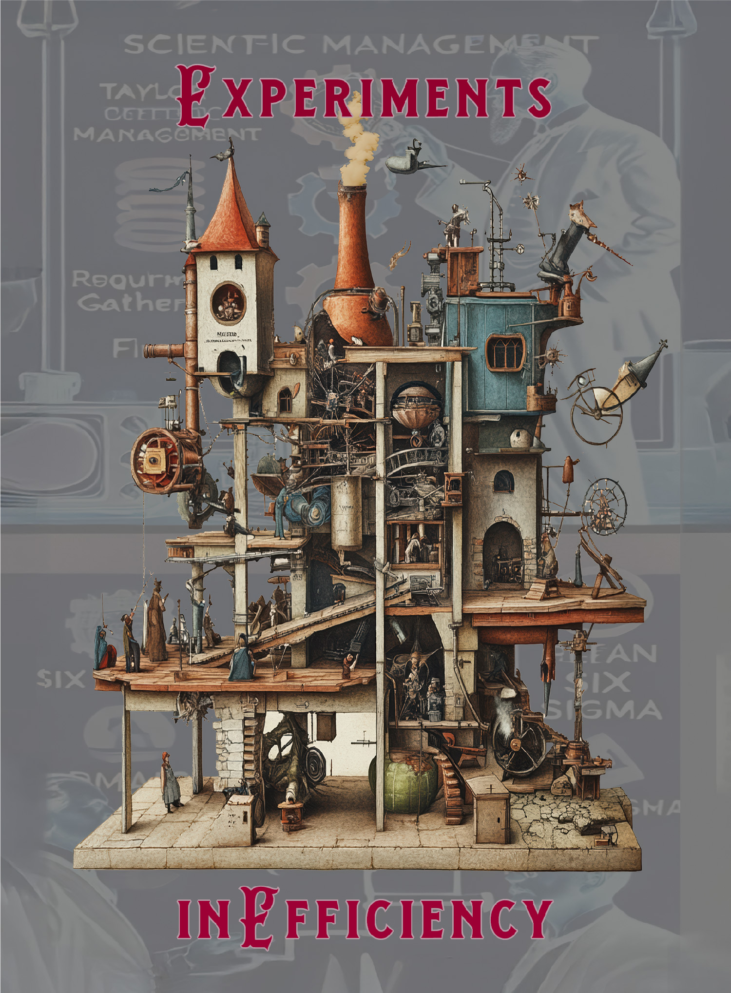Experiments In Efficiency: steampunk house-machine on a background graphic that reads "scientific management" and features a 19th century suited man with gears and springs