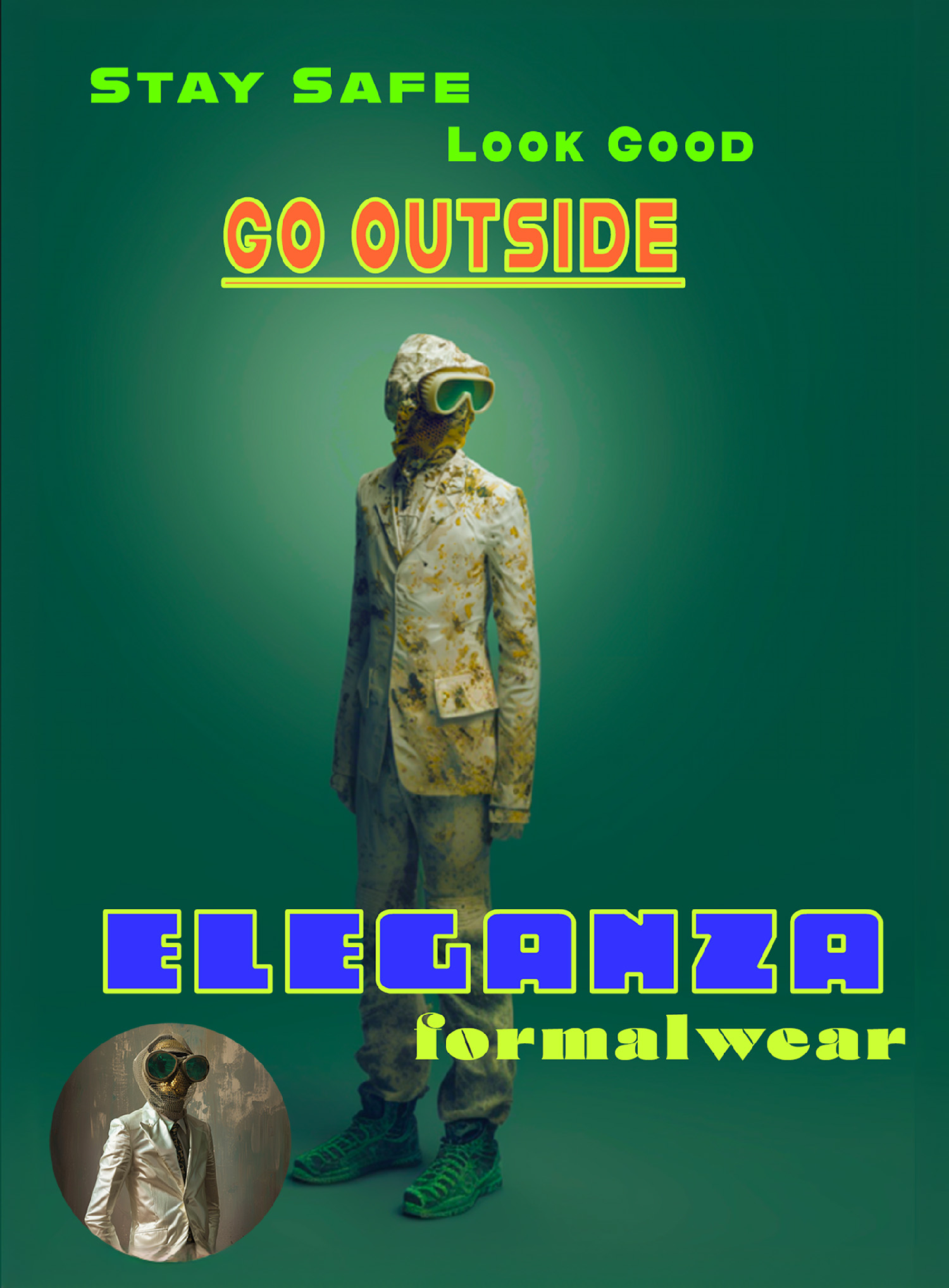 Filthy futurist in goggles on green background with text "Stay Safe Look Good Go Outside Eleganza formalwear"