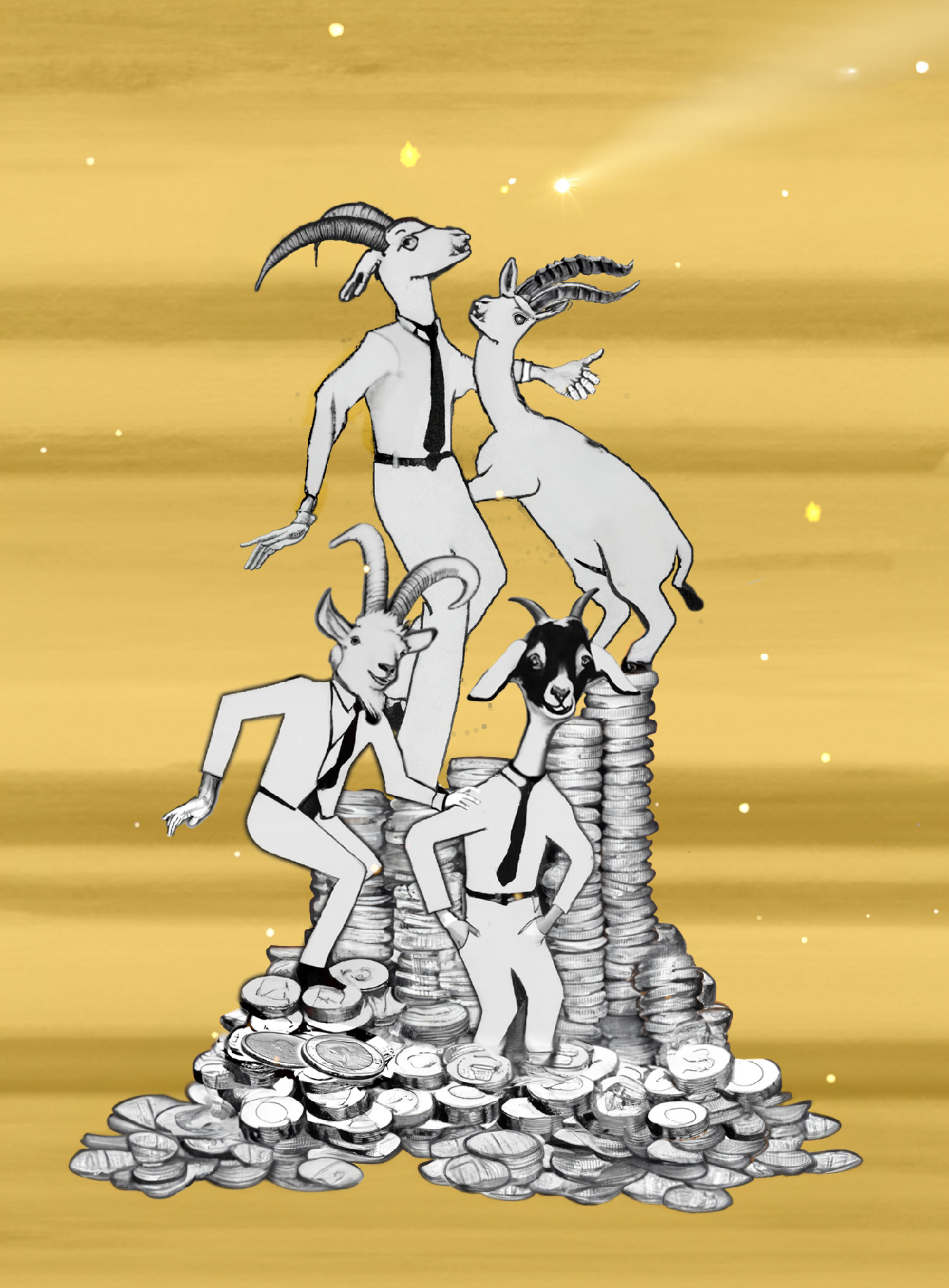cartoon illustration of goats and goat-headed office workers climbing a mountain of coins