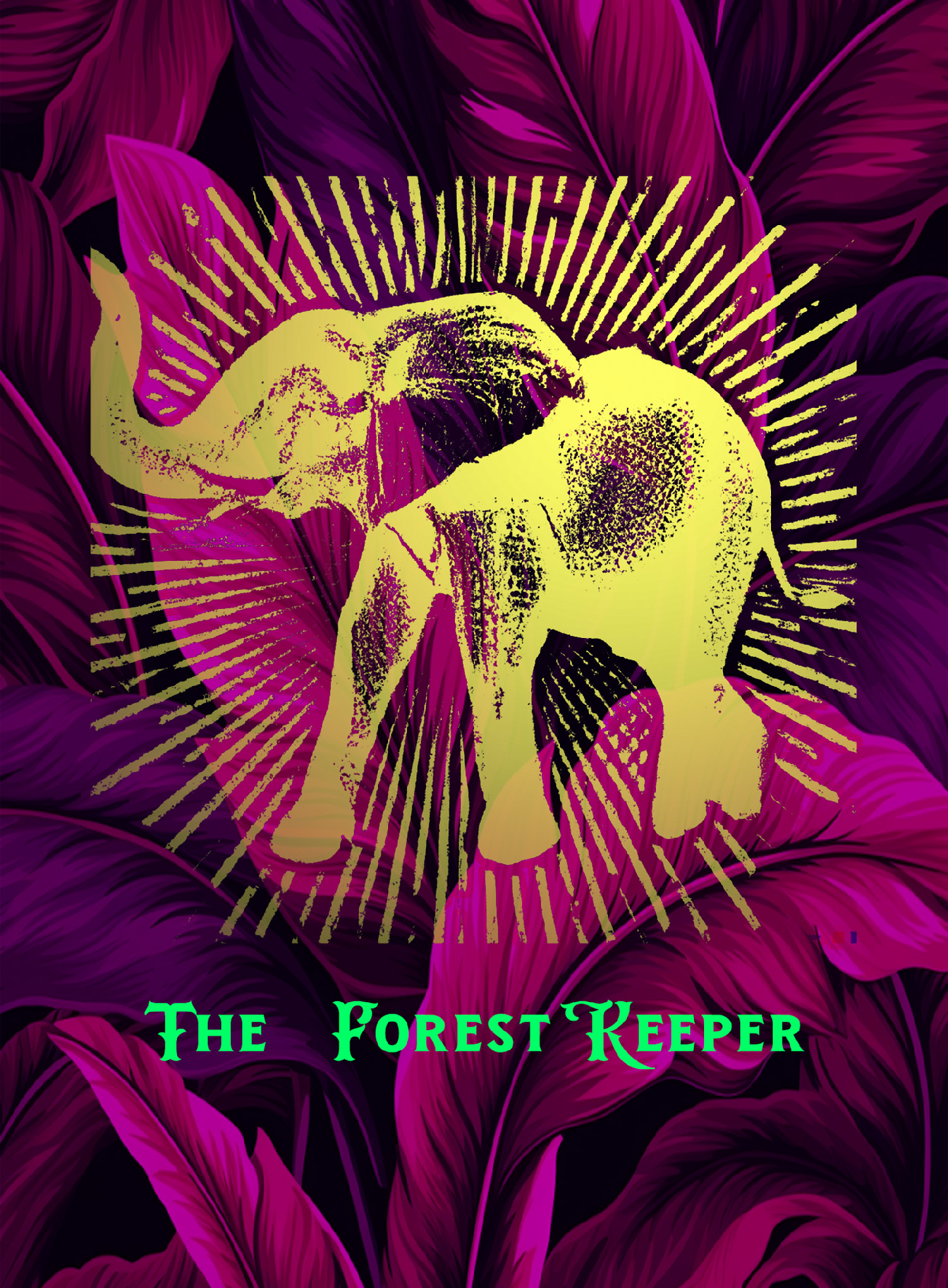 The Forest Keeper: Gold elephant graphic on botanic backround