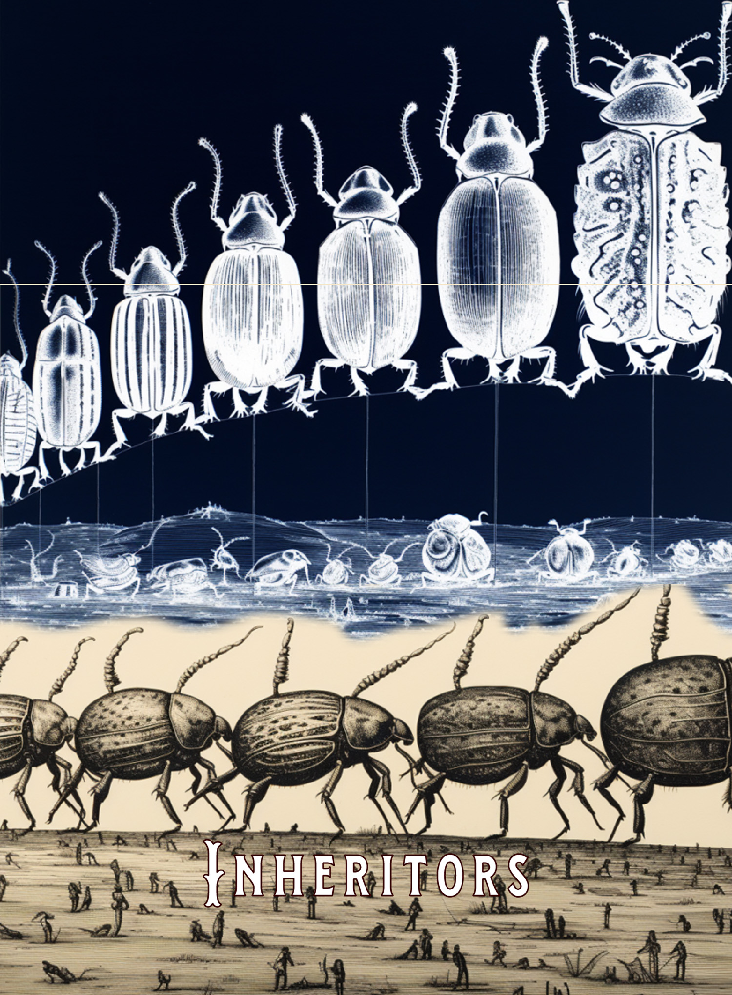The Inheritors: beetles and marching insects form a sky oer humans on a treeless plain