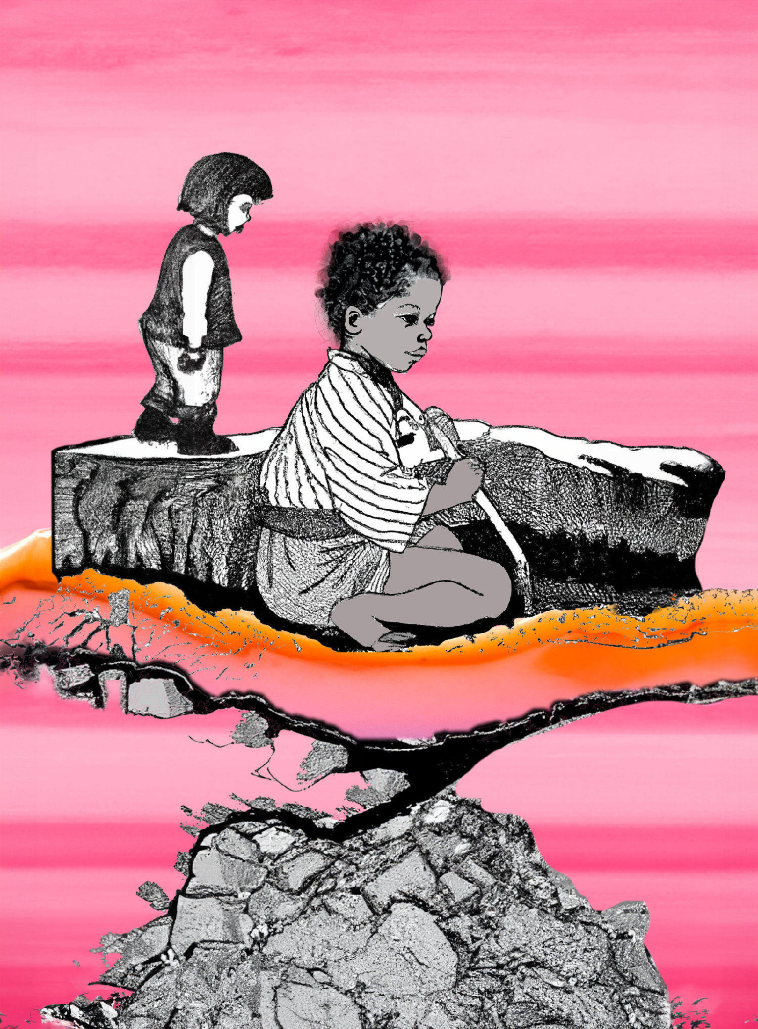 cartoon illustration of a Black boy and a nondescript girl playing in the sand with an ominous pink background