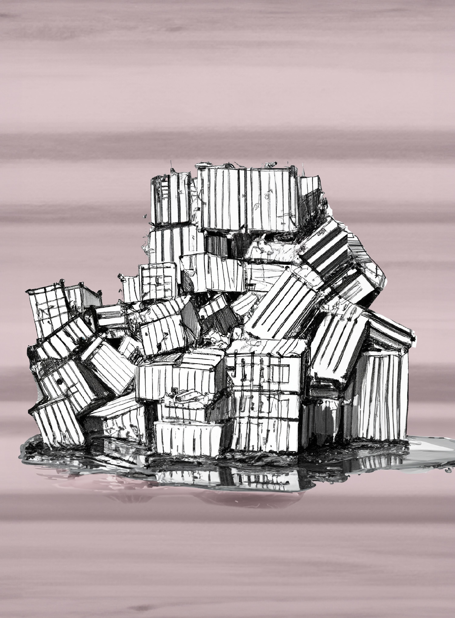 Logistics: a pile of shipping containers in a foreboding landscape