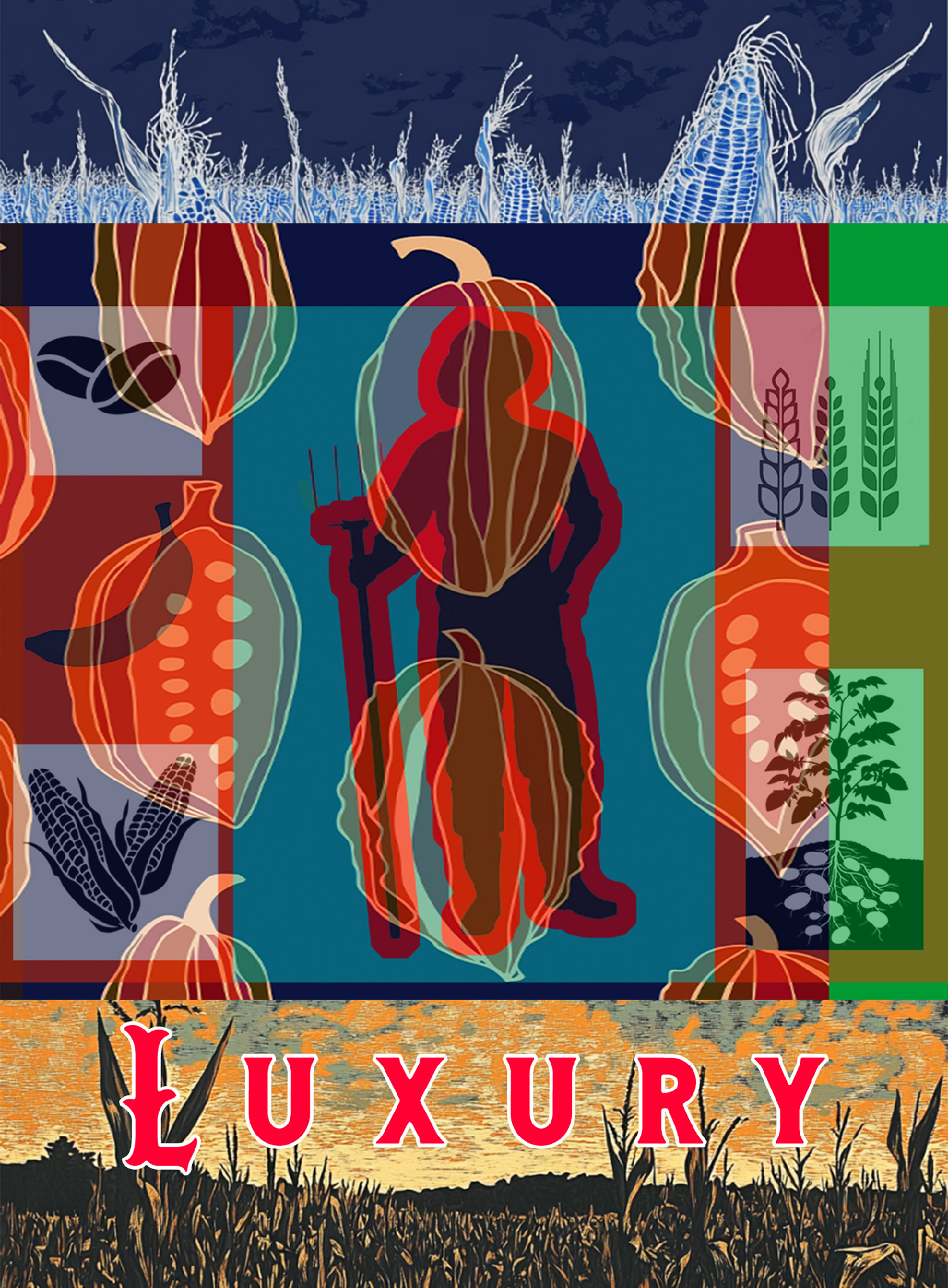 Luxury: transparent layers including a farmer with pitchfork, corn, pumpkins, wheat, coffee beans, and trees