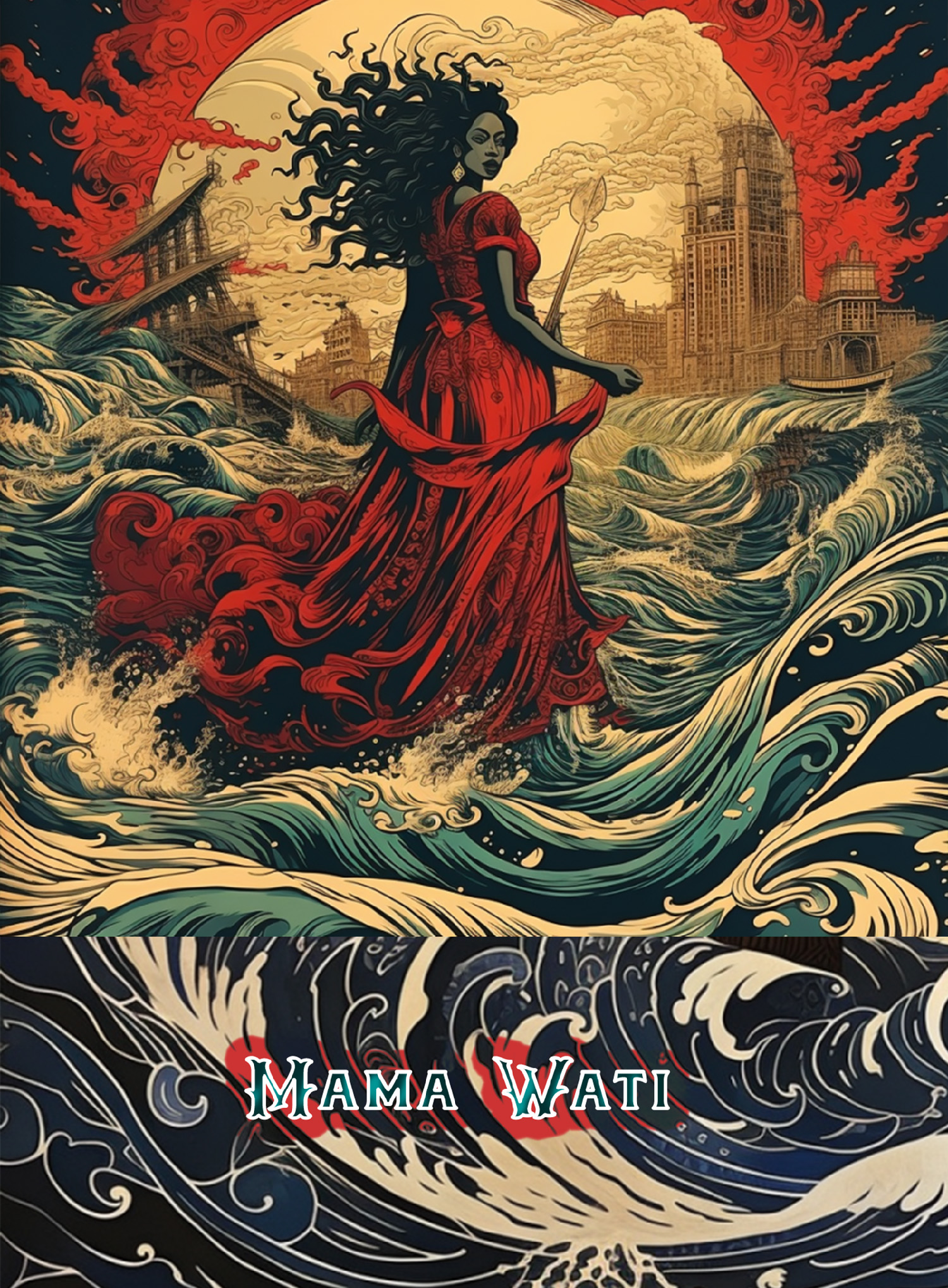 Mama Wati in red swirly dress with sea below and architecture/sky in background