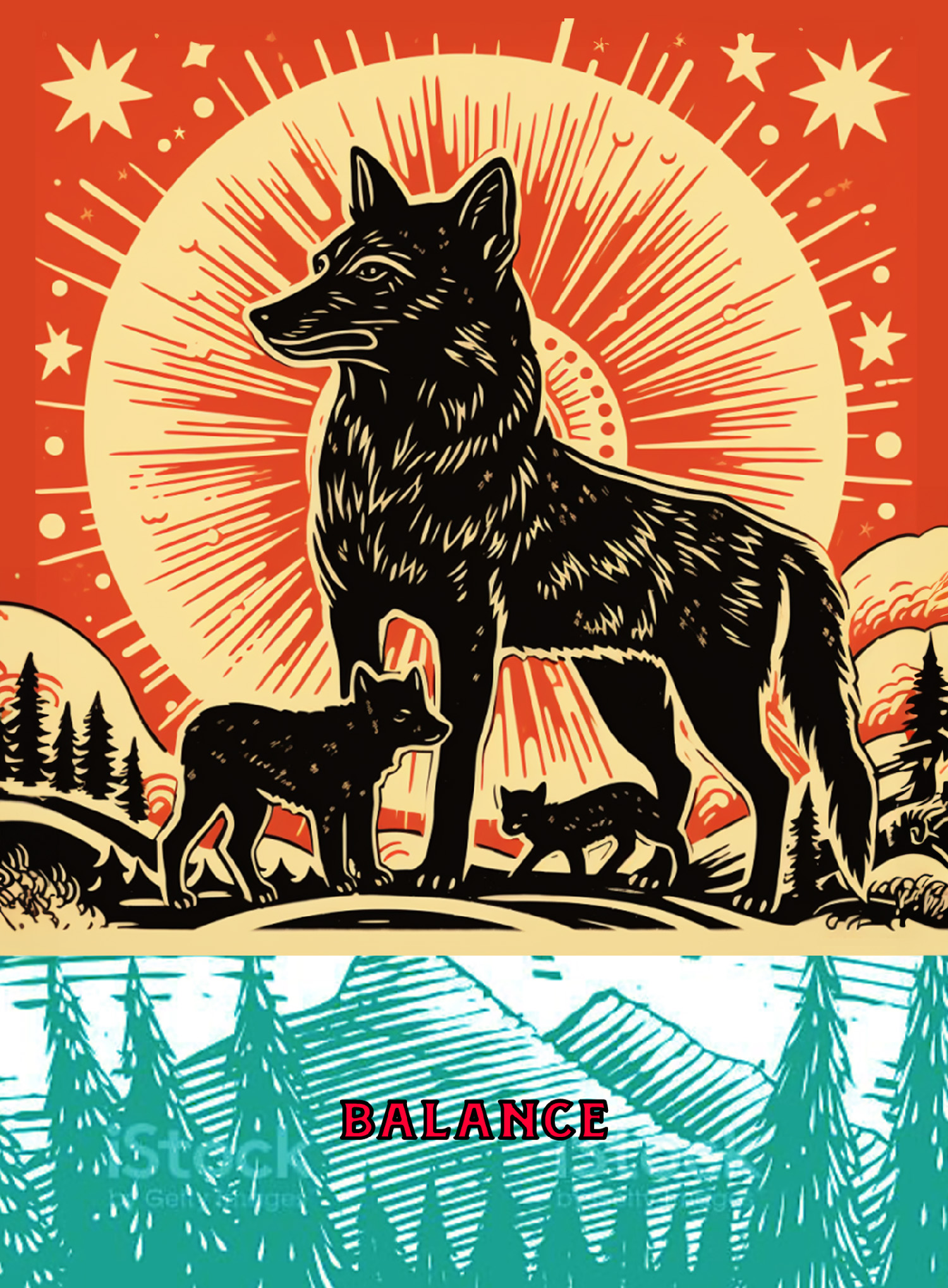 Balance: Mama wolf with pups