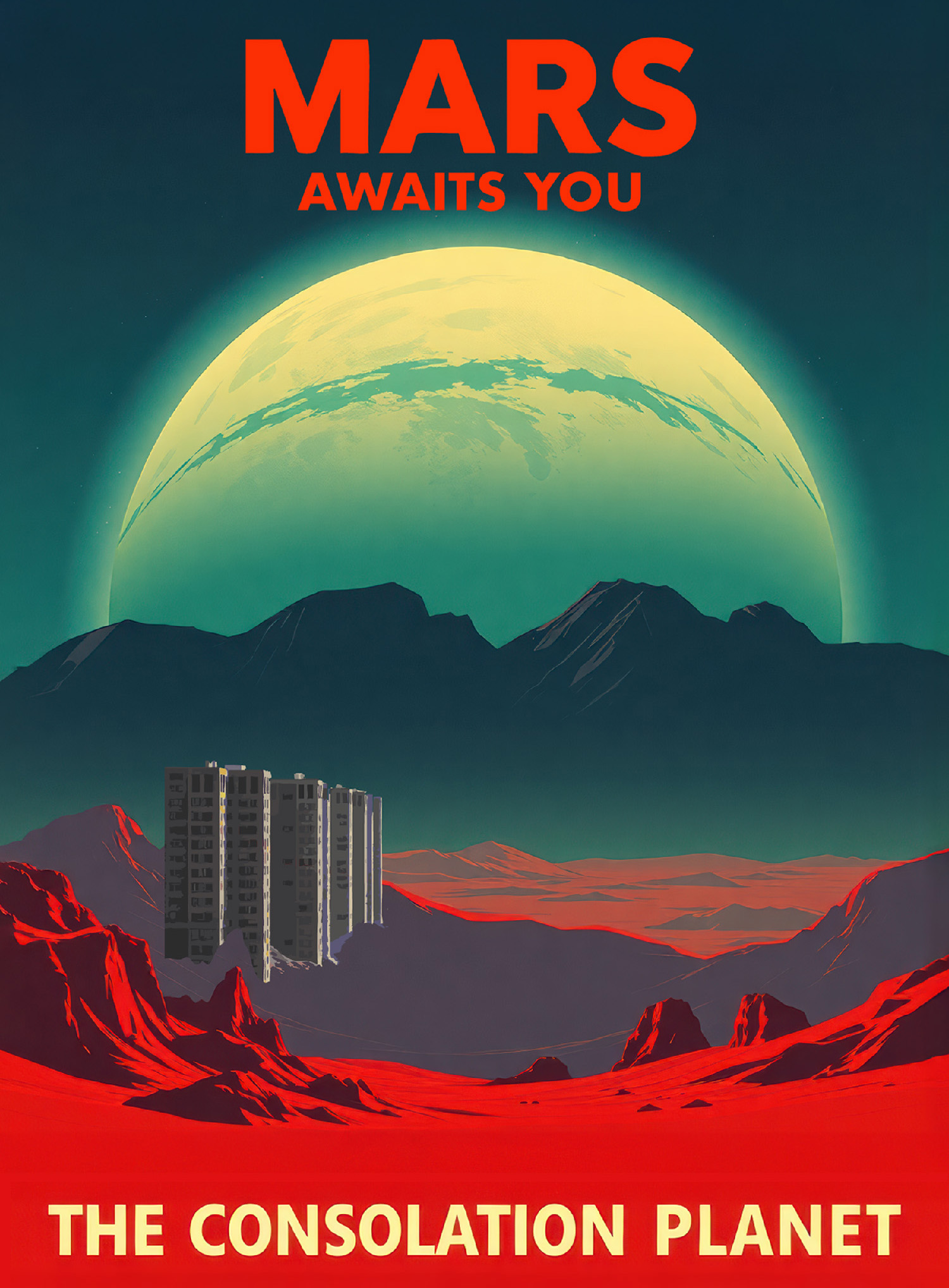 Parody of a travel poster with a glowing planet, desert foreground with high-rise residential buildings and text "Mars Awaits You: The Consolation Planet"