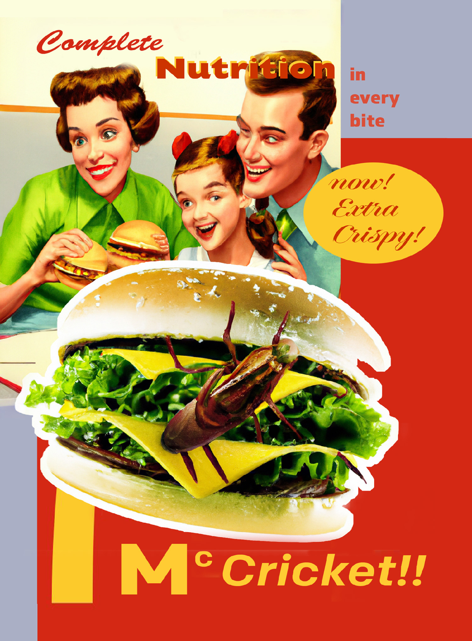 Parody of an advertising poster showing a distorted 1950s mother, father, and child eating burgers with text "Complete Nutrition in every bite Now Extra Crispy McCricket!!" Zoomed in image of burger at bottom with cricket crawling on it.