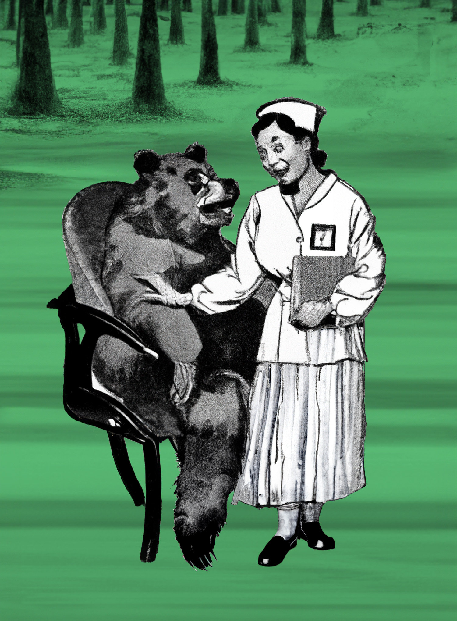 Cartoon drawing of a woman in nursing outfit with her hand on a bear's arm
