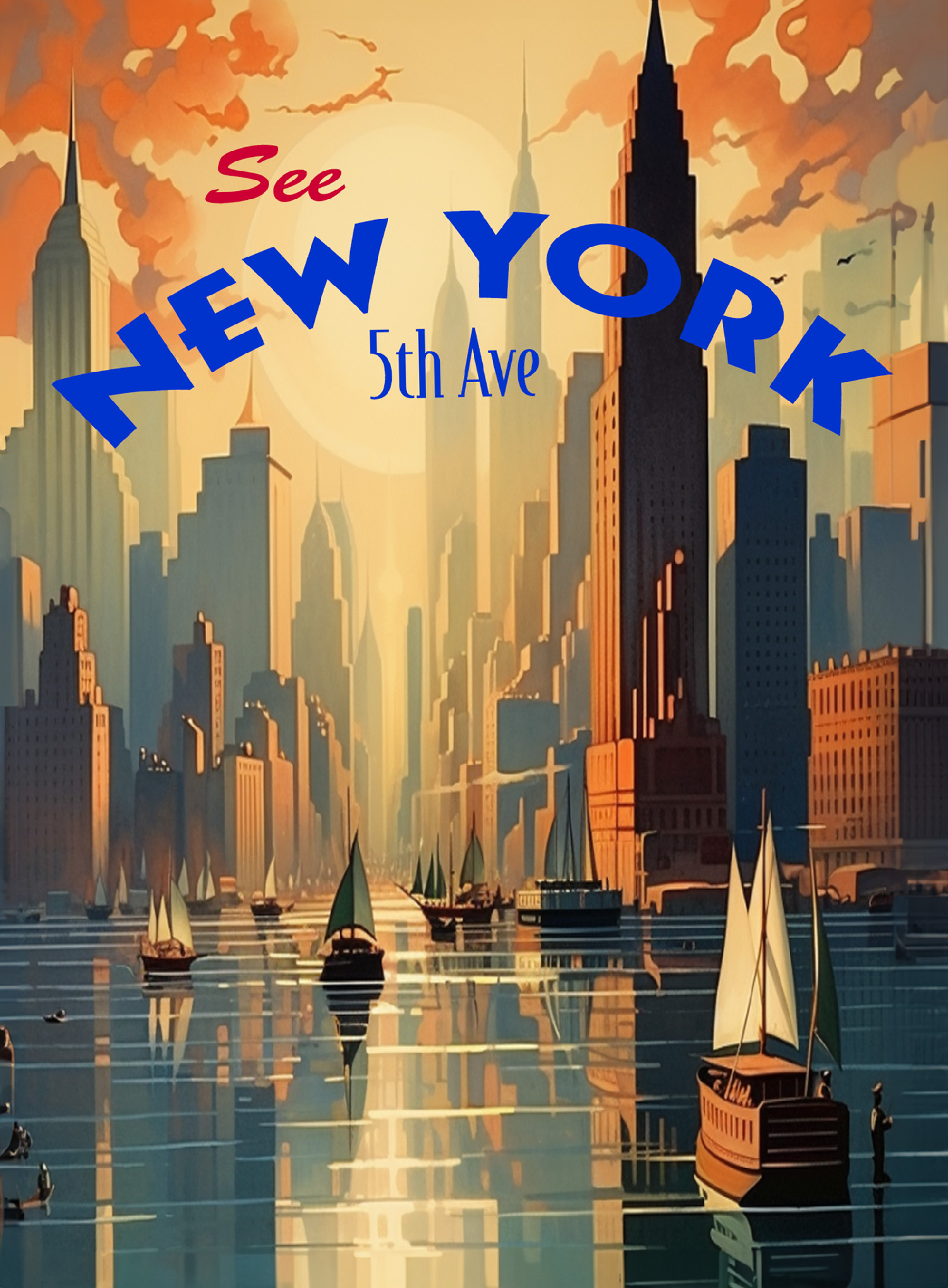 Poster graphic in the style of McKnight Kaufer showing New York harbor with text "See New York 5th Ave"