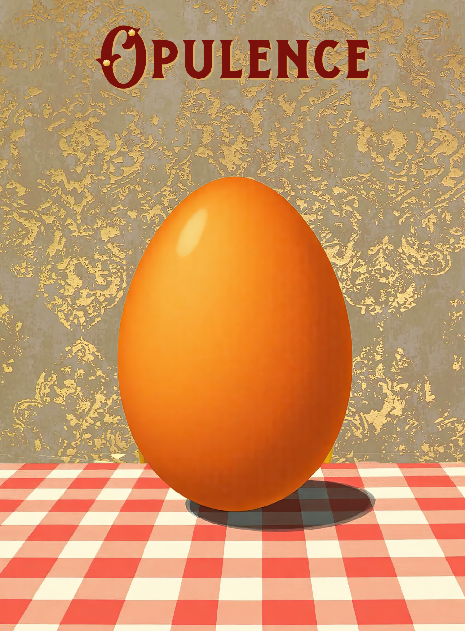 Opulence: portrait of a glistening egg on a red and white checkered surface with gold leaf background