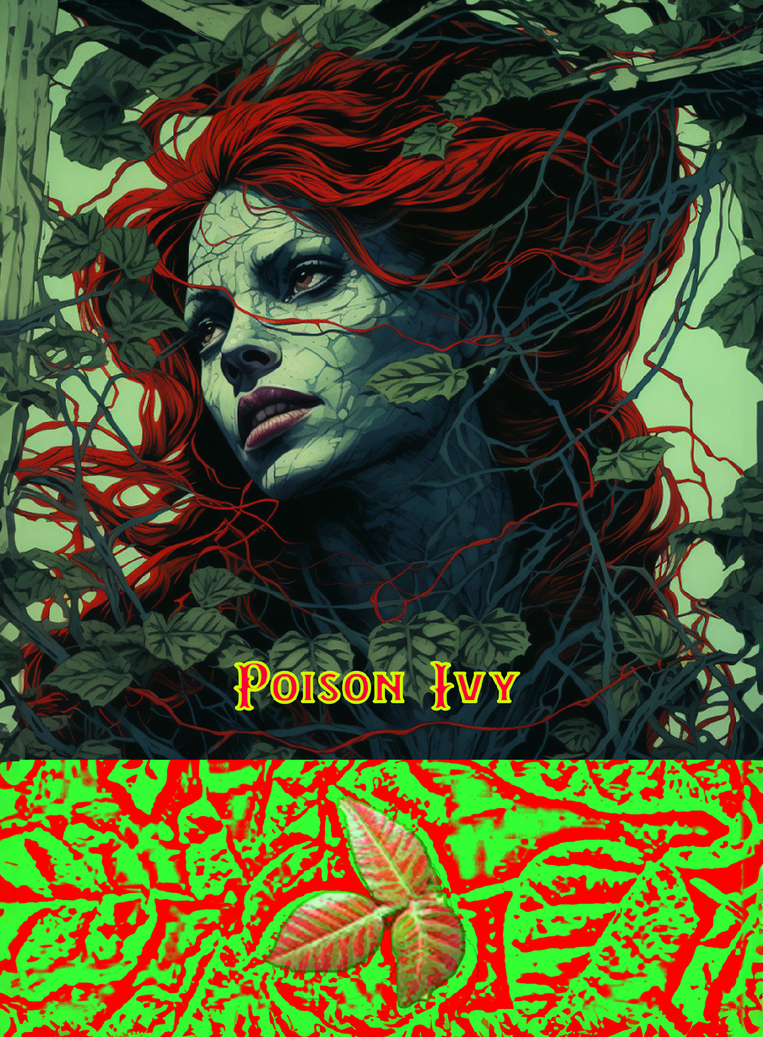 Poison Ivy card split top bottom with red-haired woman above and plant graphic below