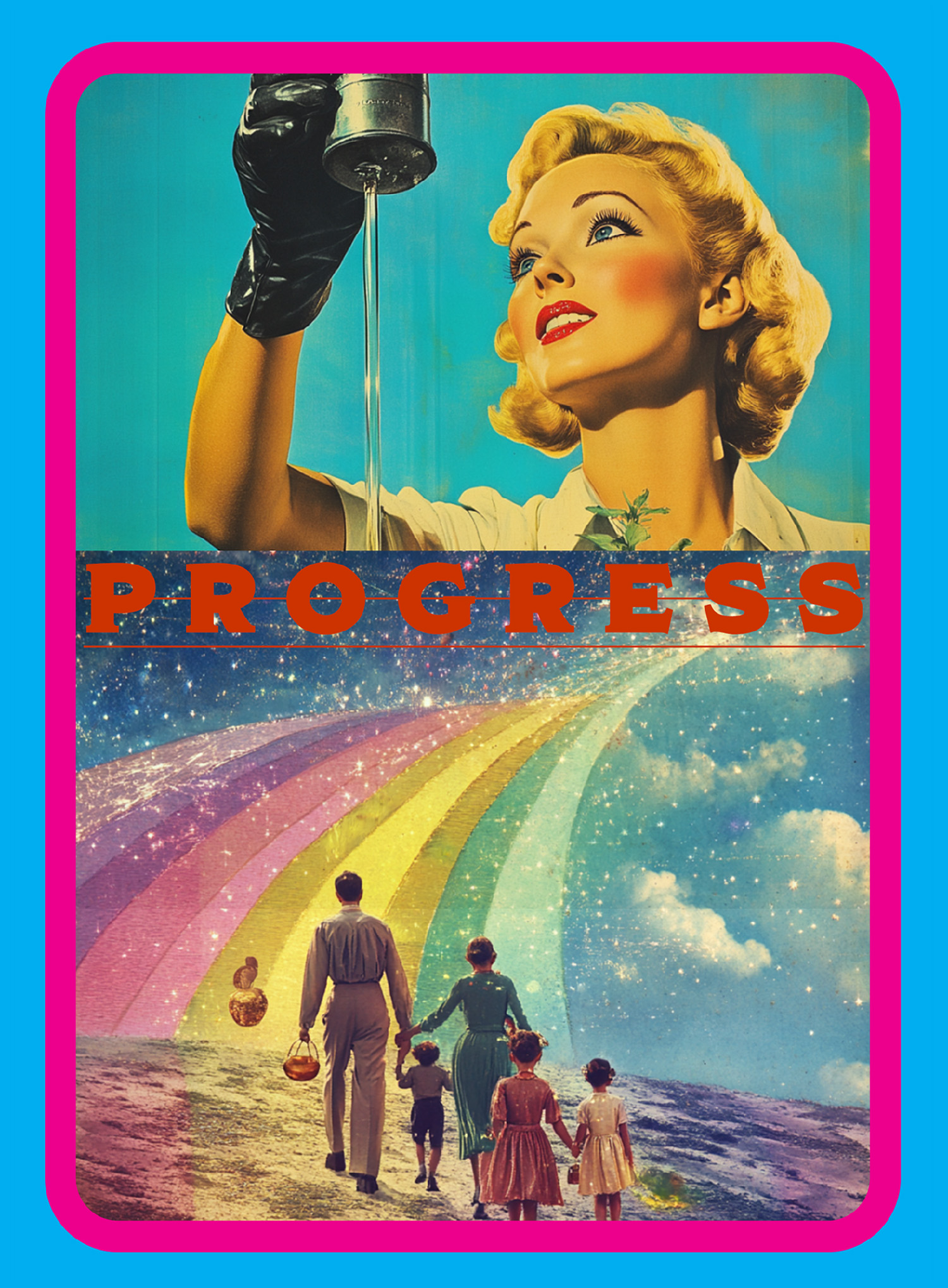 Progress: midcentury woman with chemical glove pours out oil, idyllic family voyages into a rainbow