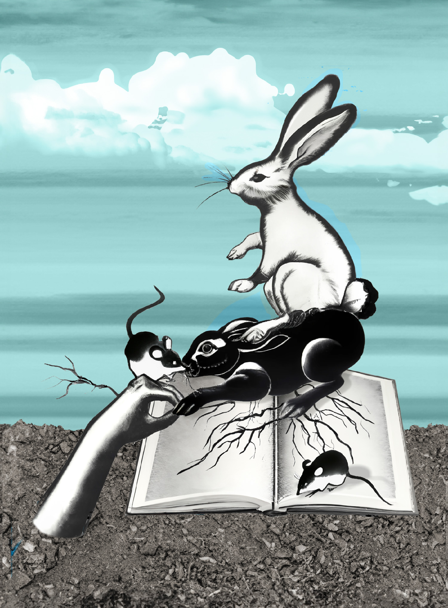 cartoon drawing of a hand emerging from dirt to touch the paw of a black rabbit who is posing on an open book with a white rabbit and two mice