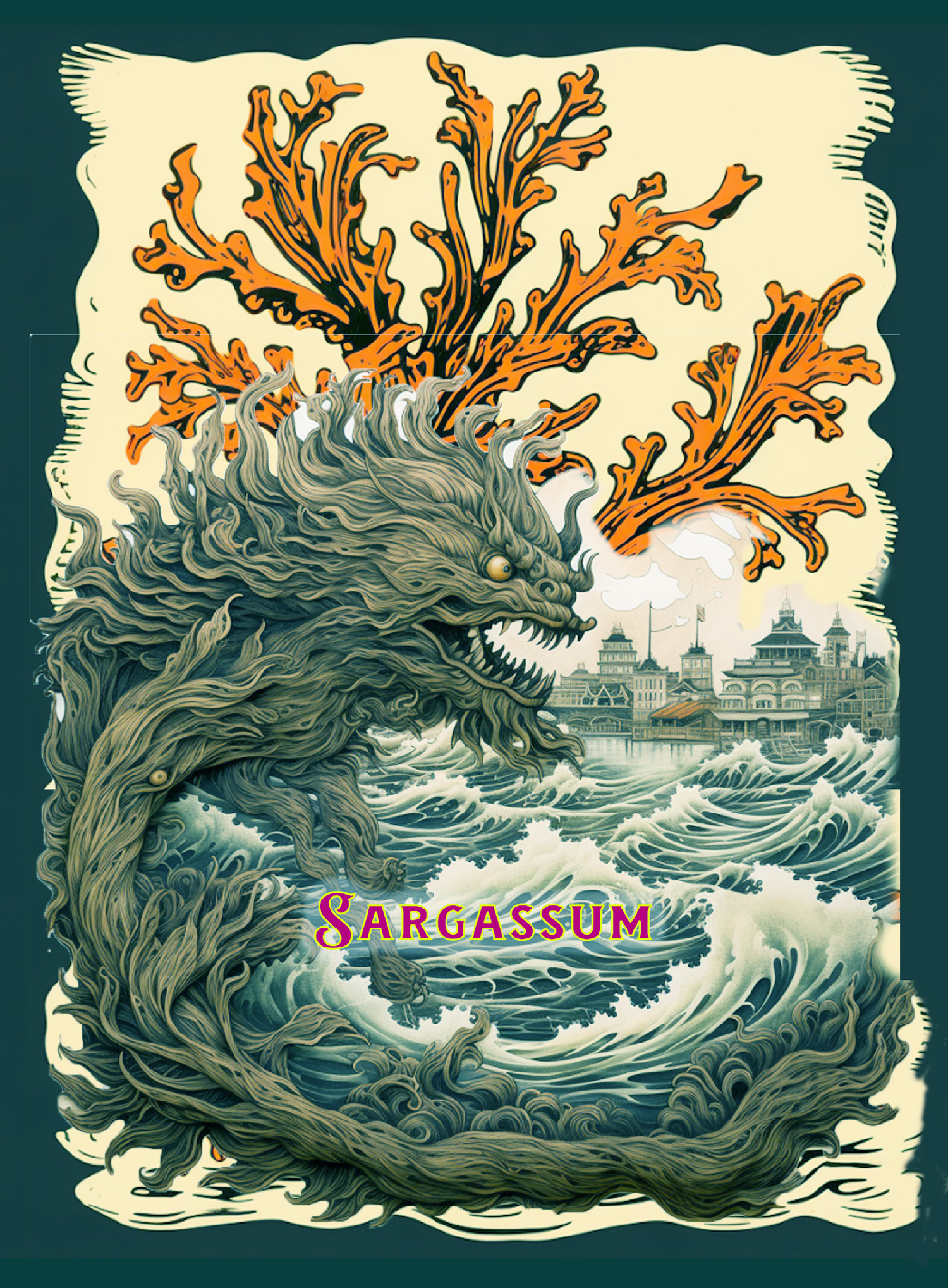 Sargassum: sea creature with seaport and seaweed graphic in background