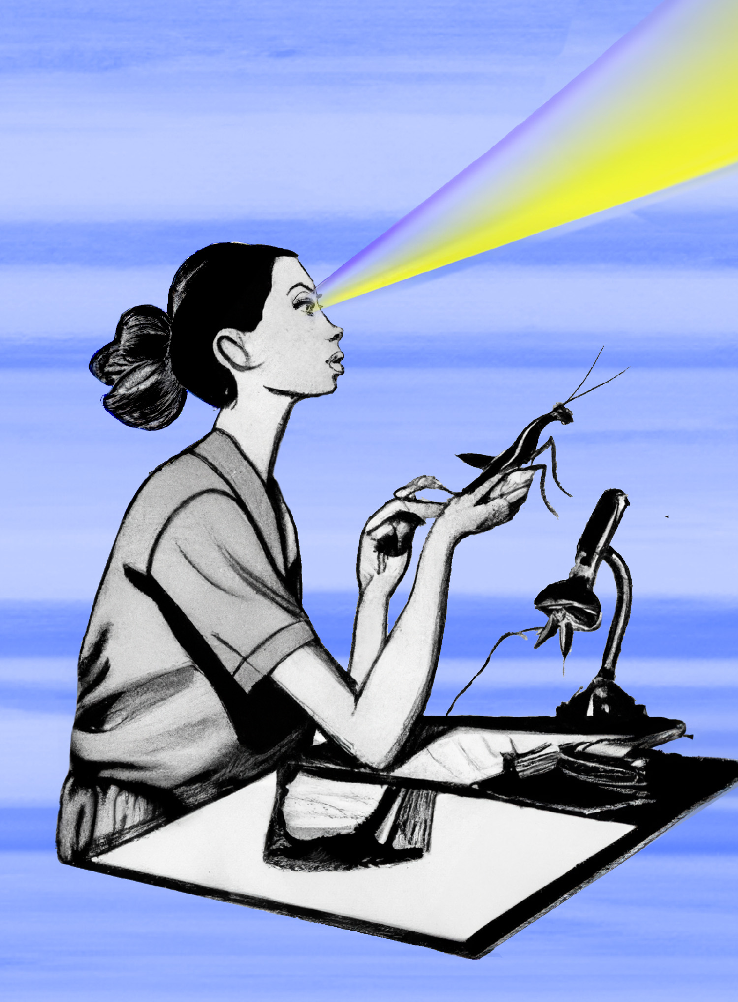 cartoon drawing of a young woman holding a praying mantis in front of a microscope