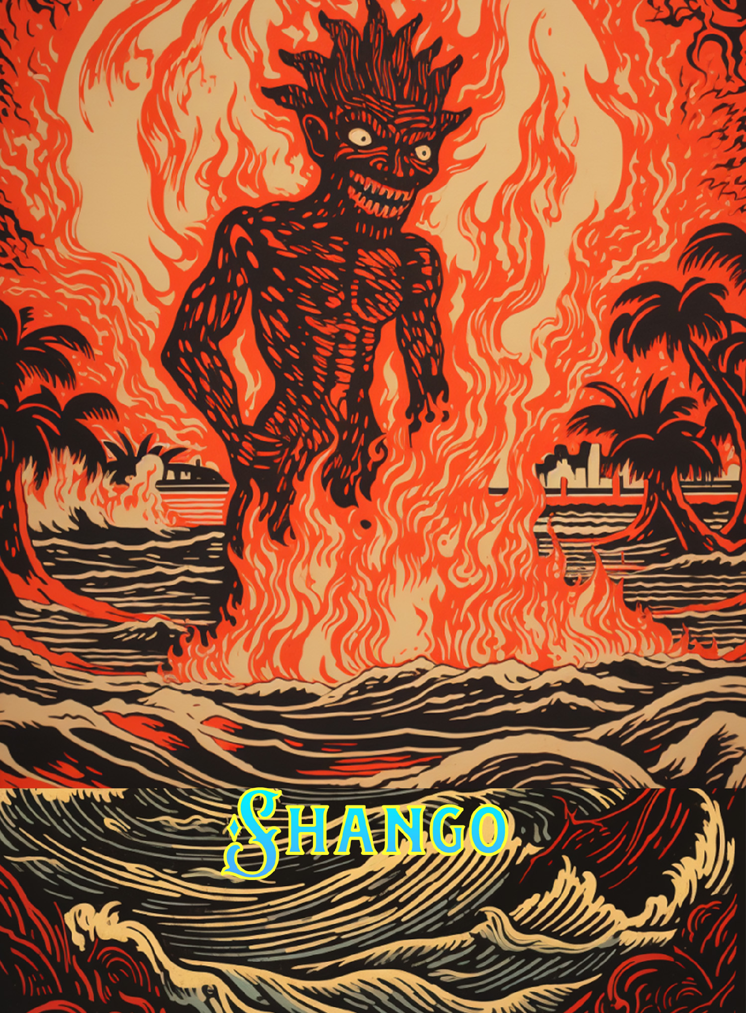 Shango: The Yoruba god of Fire, thunder and just retribution. Spitting fire from his mouth and riding his white horse, Esinle, he roars as he gallops through the heavens while using the lightning and fire as reminders of righteous punishment.
