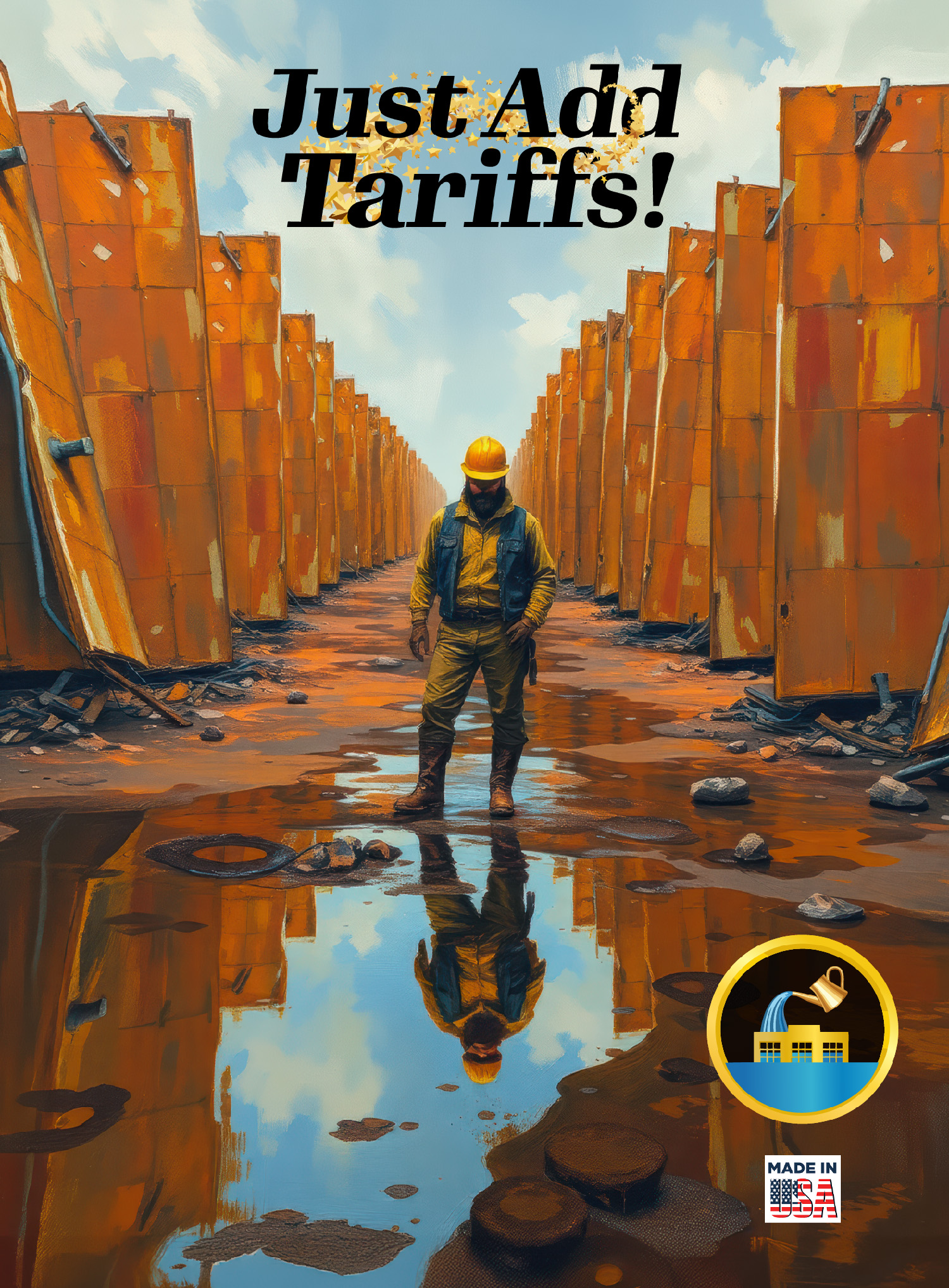 Just Add Tariffs!: Bearded man in work clothes in a junkyard or post apocalyptic industrial landscape with text "Just Add Tariffs!" and "Made in USA"