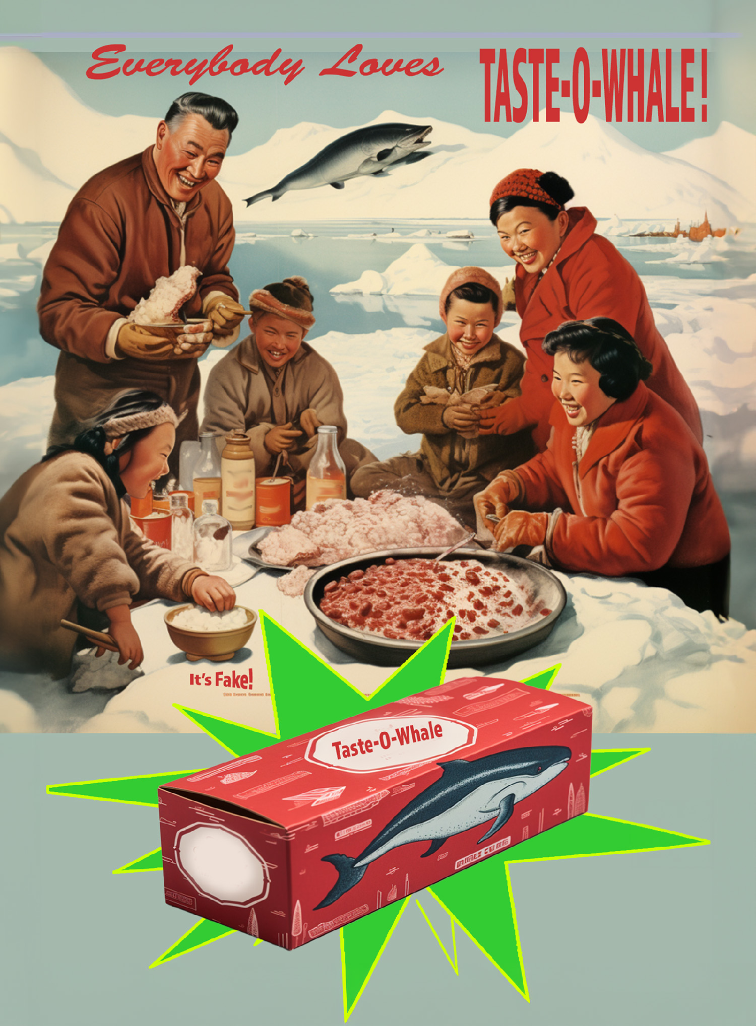 Parody of a Chinese new realist poster showing a group of indigenous North Americans eating a meal in a frozen seascape with text "Everybody loves Taste-O-Whale! It's Fake!" and a product box at bottom with simplified whale drawing and Taste-O-Whale branding