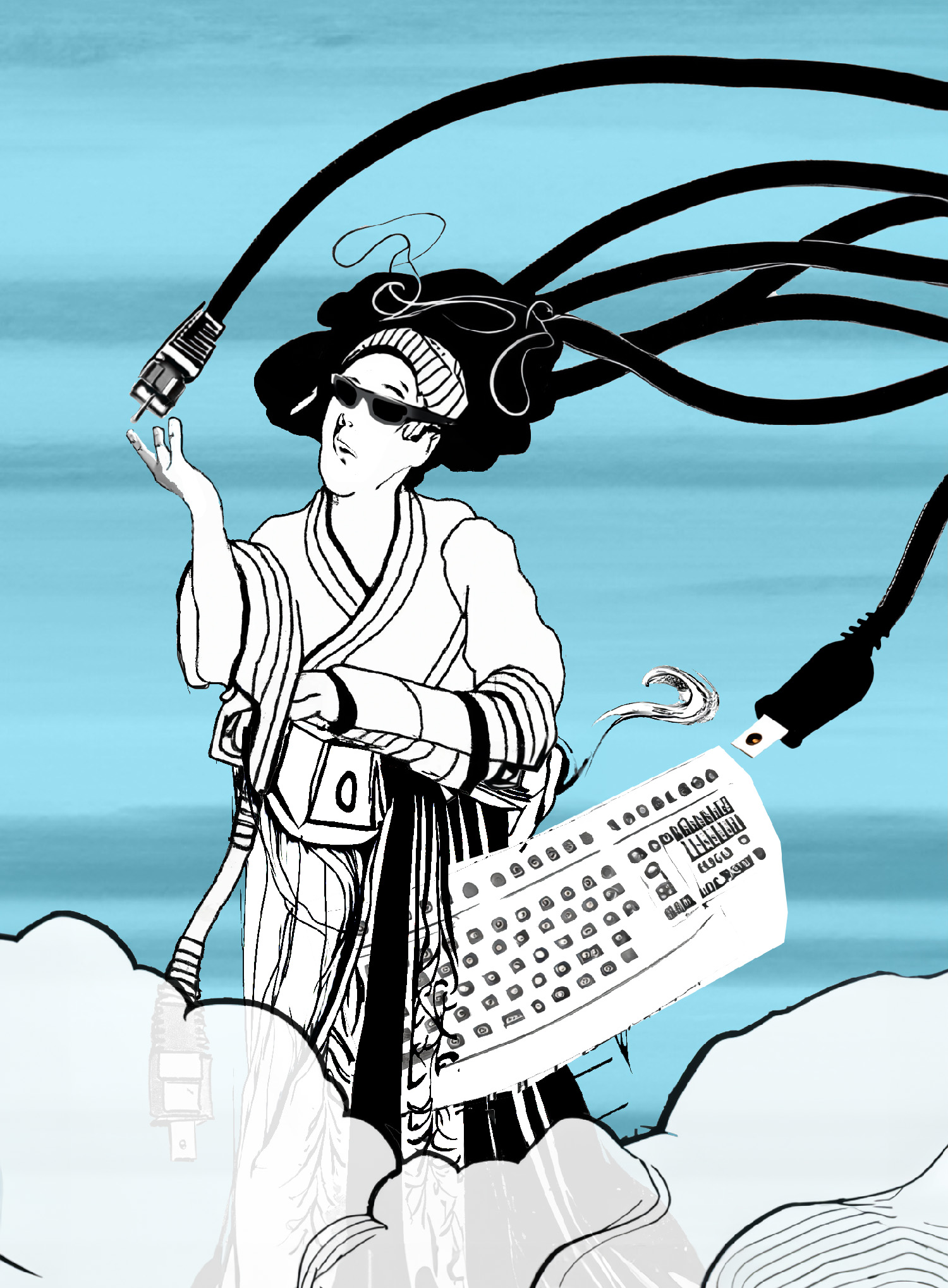 parody of a nineteenth century Japanese woodcut showing a person with computer cords growing from their head and a keyboard/keytar at their waist and clouds floating around them