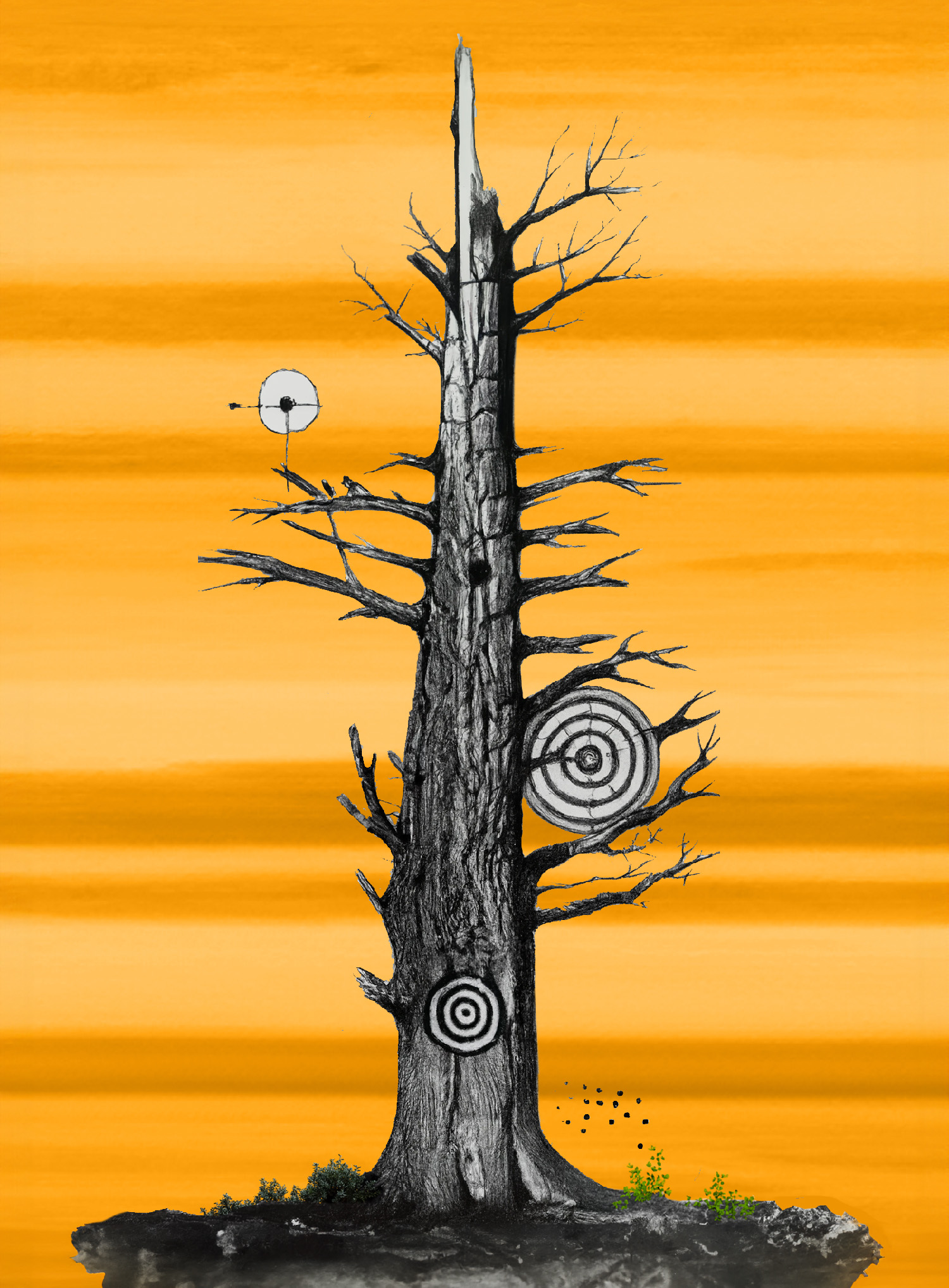 cartoon drawing of a dead tree with dart game targets in its branches