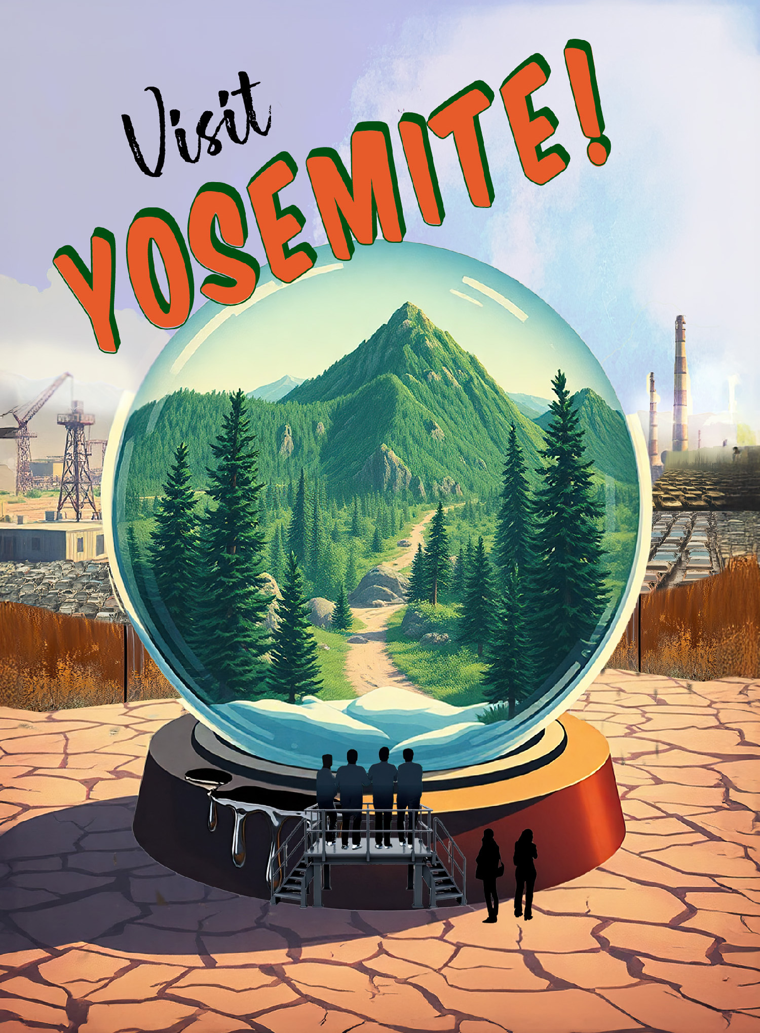 Parody of a travel poster where the destination is a snow globe containing a lush green mountainous park, with text "Visit Yosemite!"
