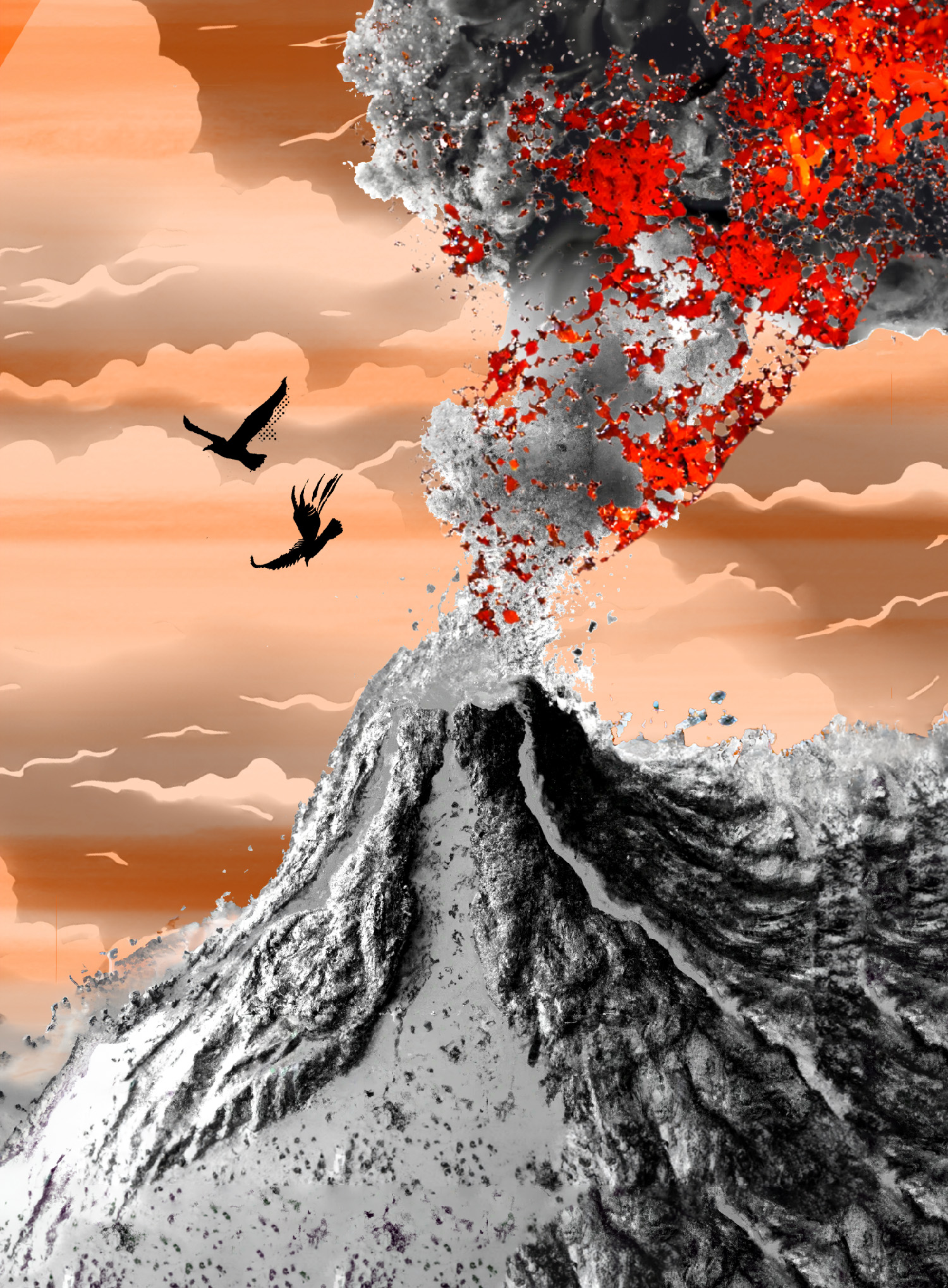 composite image of a mountain spewing red lava and two black birds fleeing