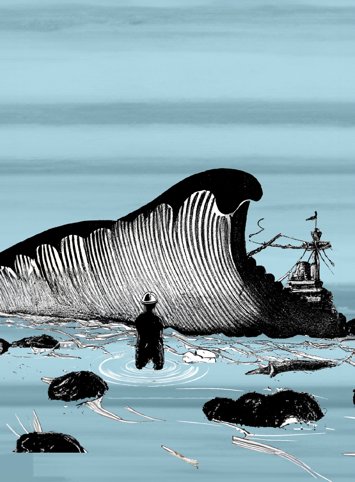 woodcut inspired drawing of a wave with a ship in the background and a human in a hat looking at it