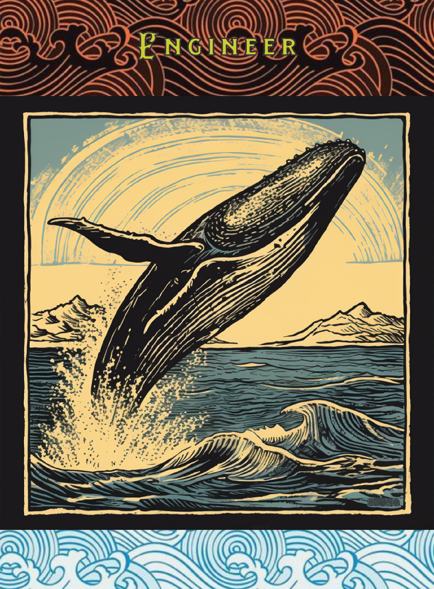 Engineer: woodcut inspired graphic including whale, ocean, splashes
