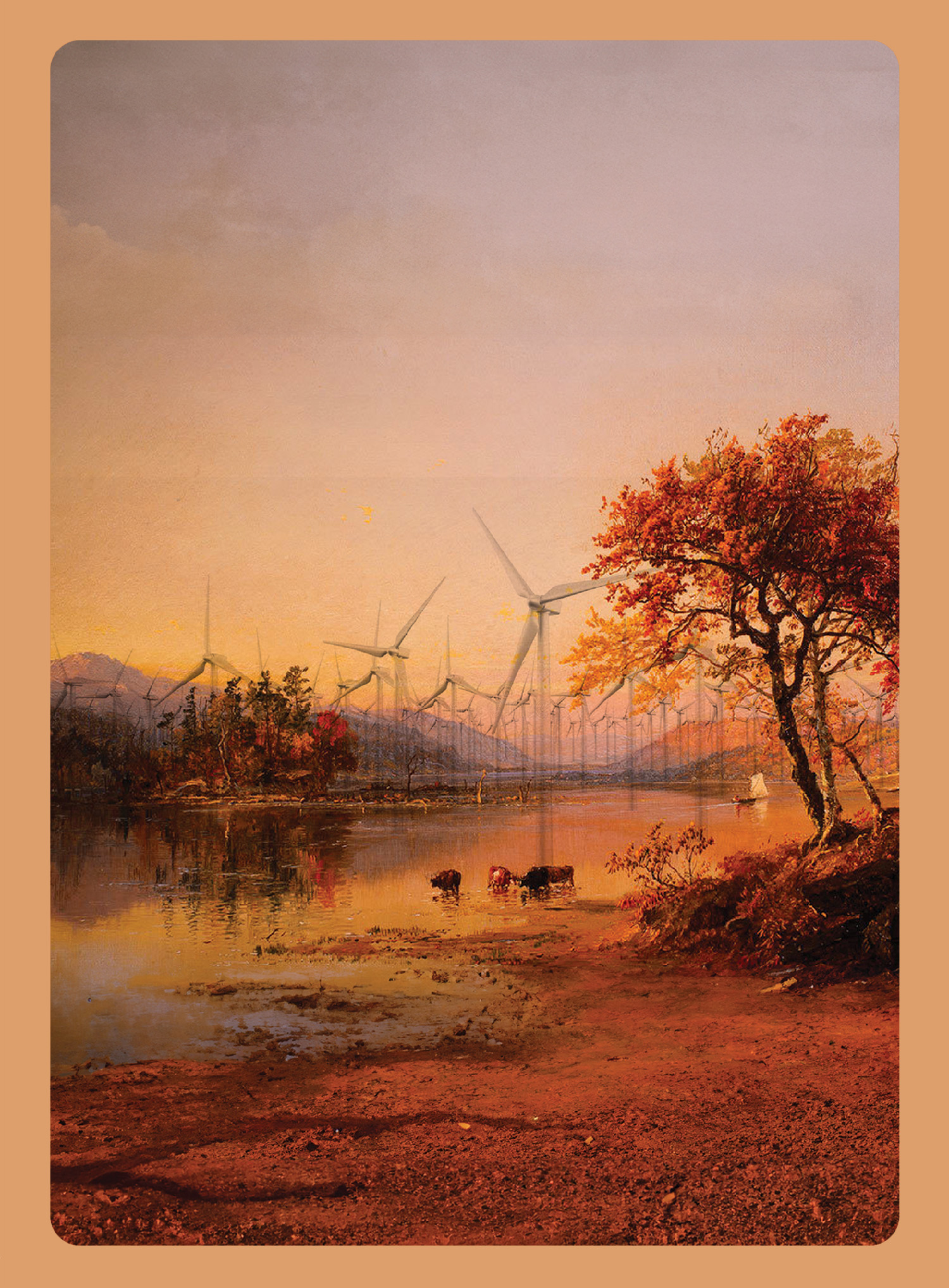 The New Arcadia: 19th Cole style landscape with cattle in foreground and field of translucent wind turbines overlaid