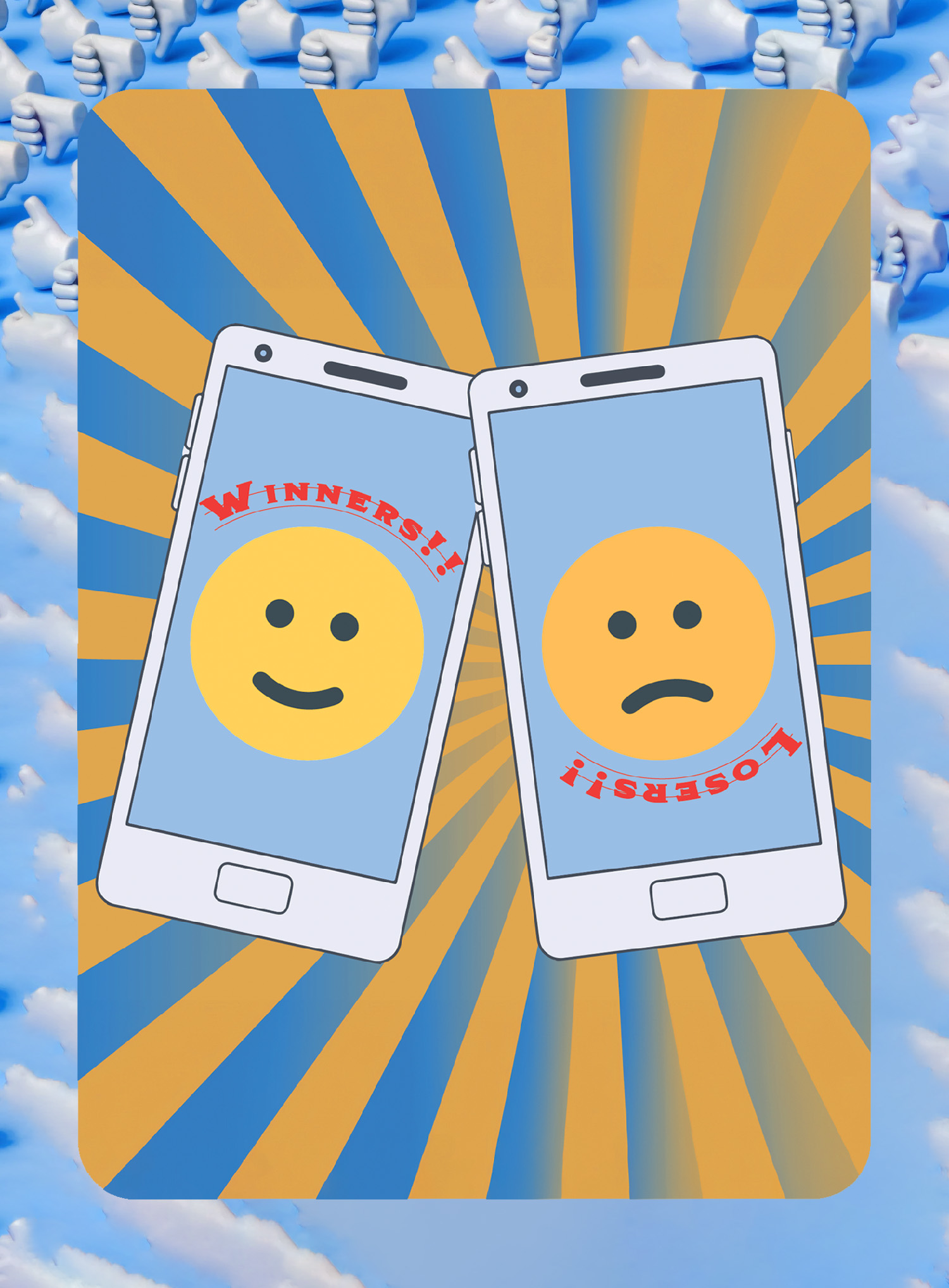 Layered illustration with phone screens, happy and sad faces, "likes" thumbs, and clouds
